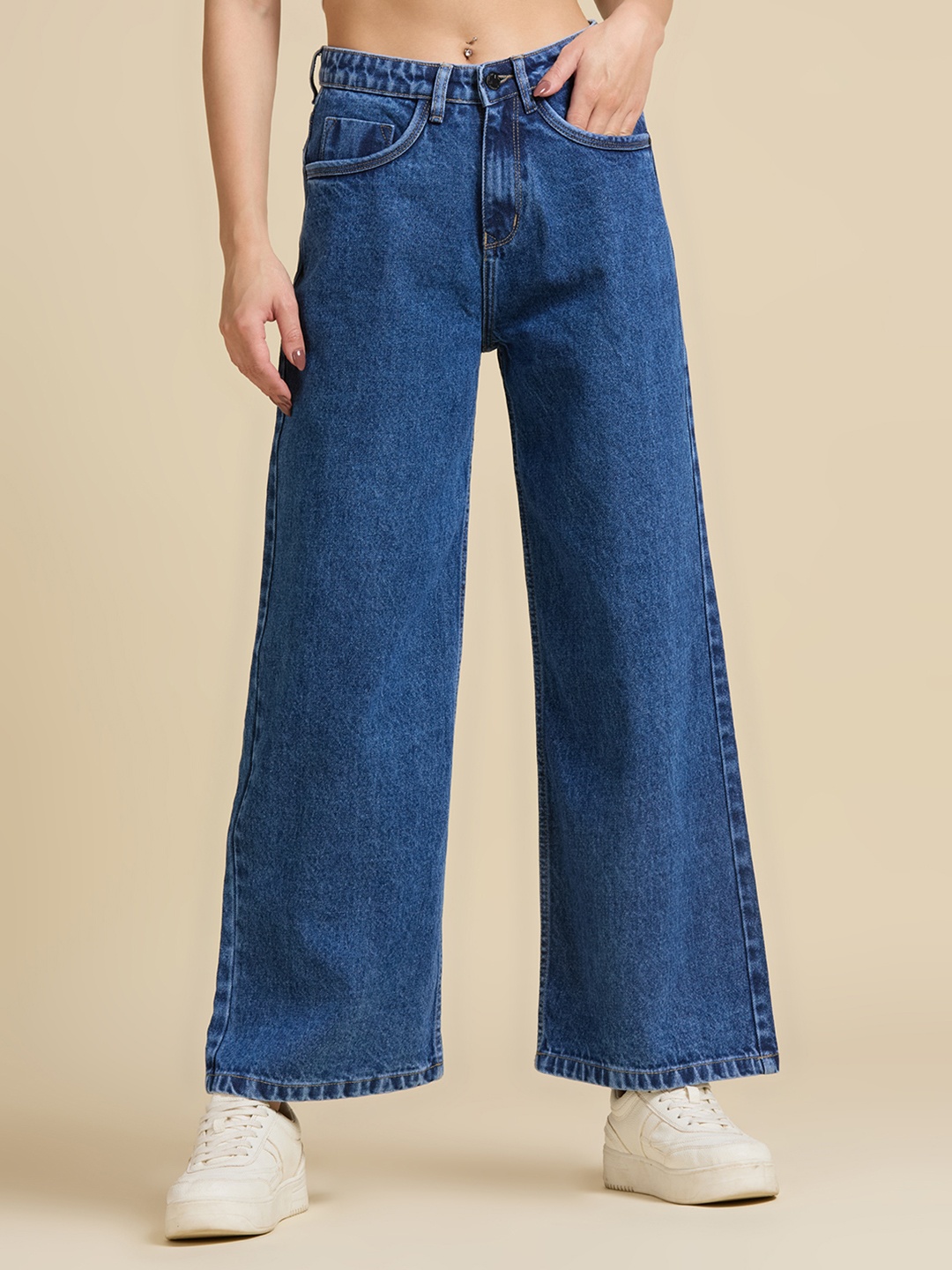 

Rea-Lize Women Wide Leg High Rise Clean Look Light Fade Retro Denims Jeans, Blue
