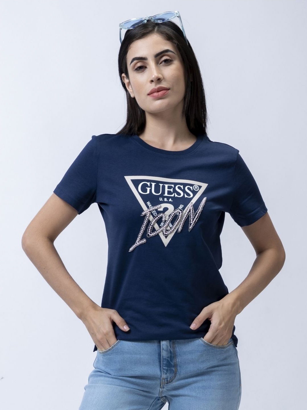 

GUESS Women Typography Printed Round Neck Cotton T-shirt, Navy blue