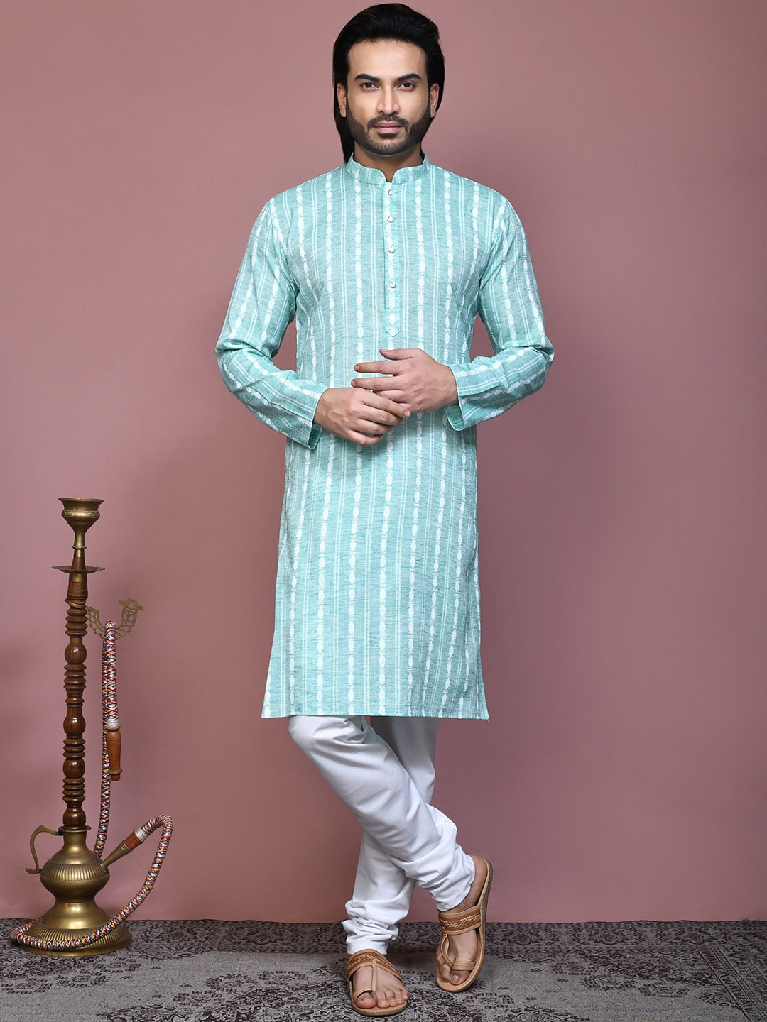 

RANAK Men Ethnic Motifs Printed Regular Pure Cotton Kurta with Pyjamas, Green