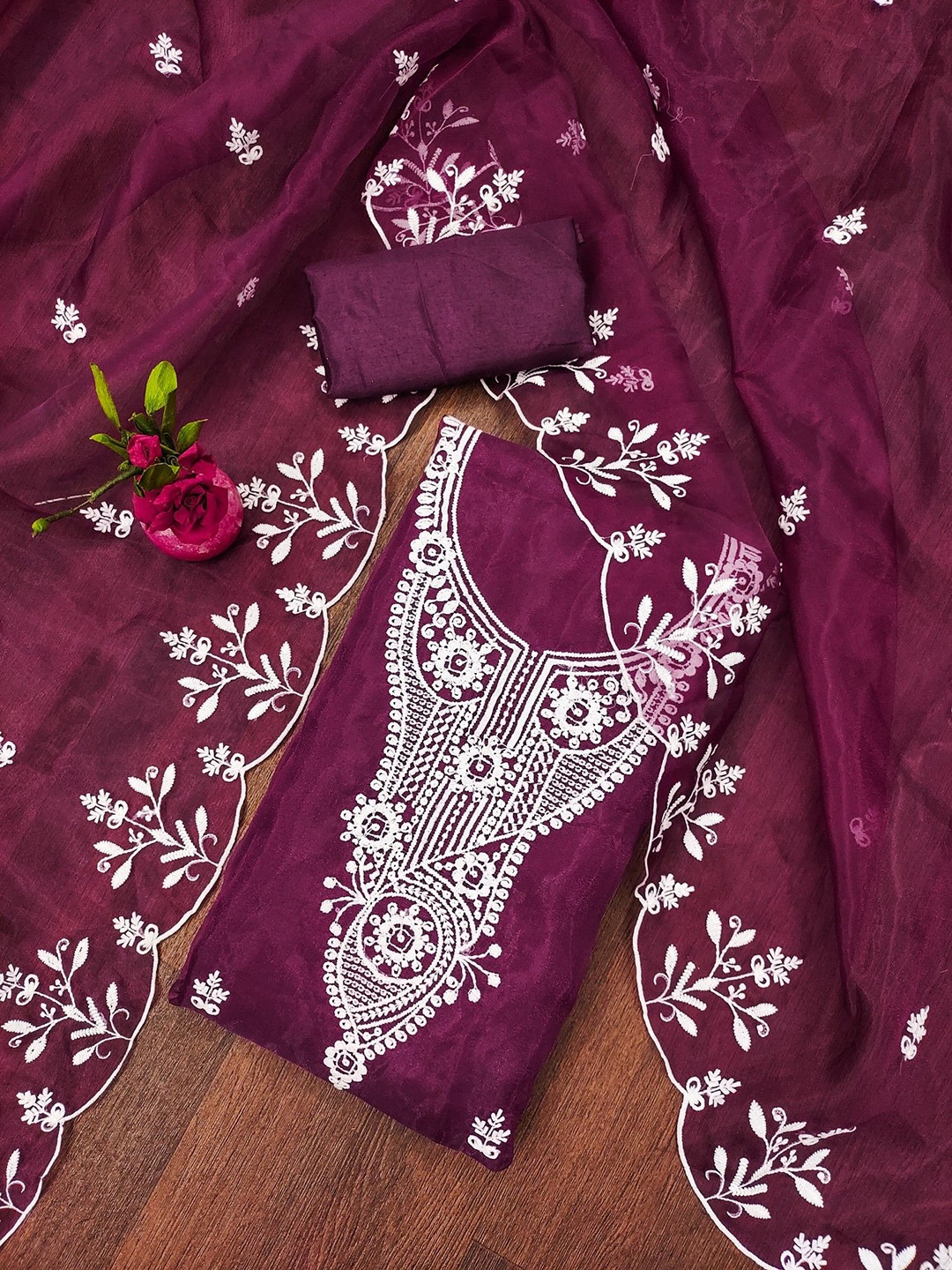 

Rangtulika Floral Embroidered Organza Unstitched Dress Material, Purple