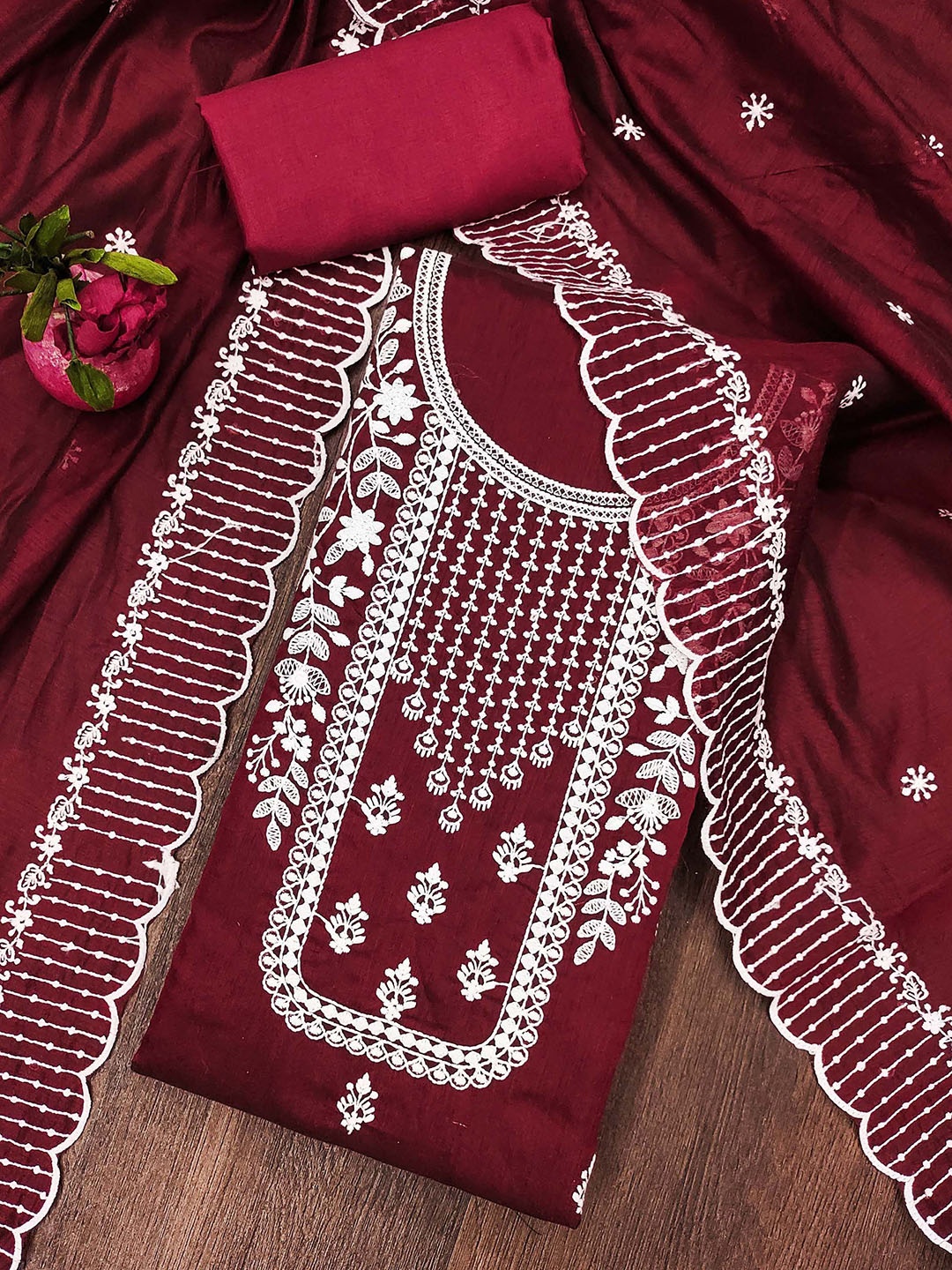 

SAINOOR Floral Embroidered Zari Chanderi Cotton Semi-Stitched Dress Material, Maroon