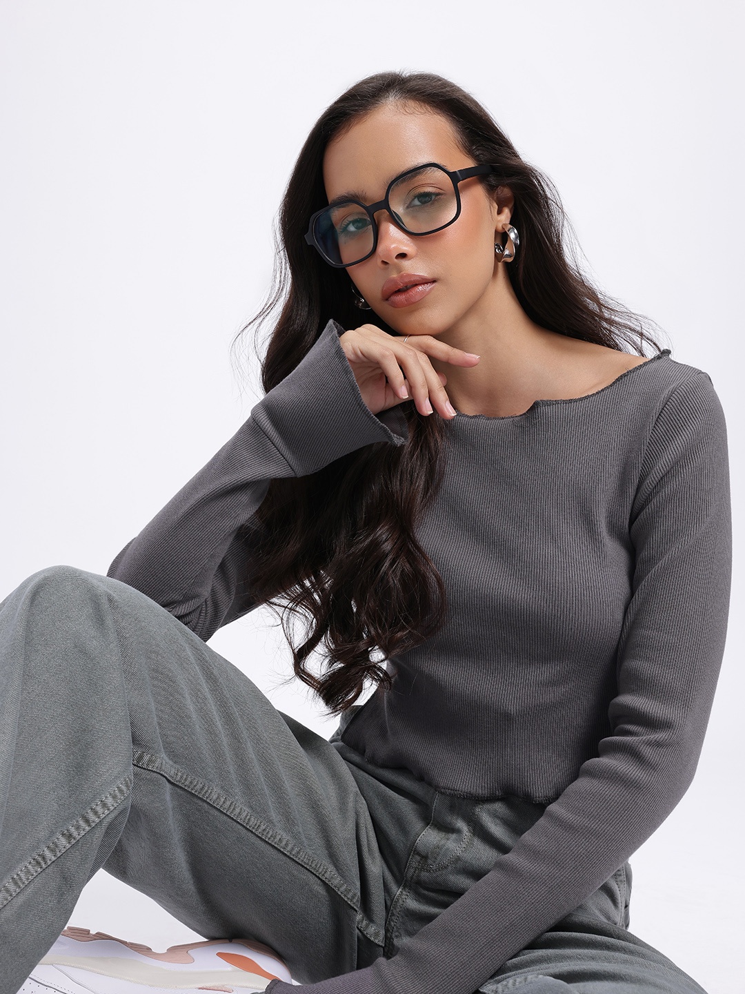 

glitchez Ribbed Rave Boat Neck Crop Top, Charcoal