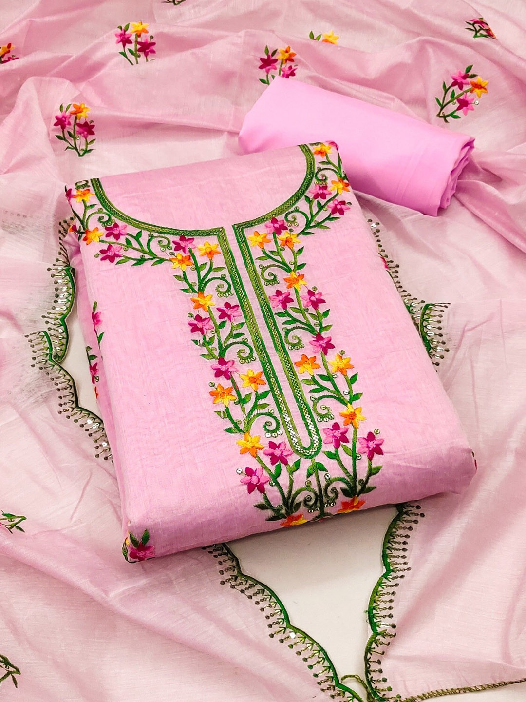 

Rangtulika Floral Embroidered Unstitched Dress Material, Pink