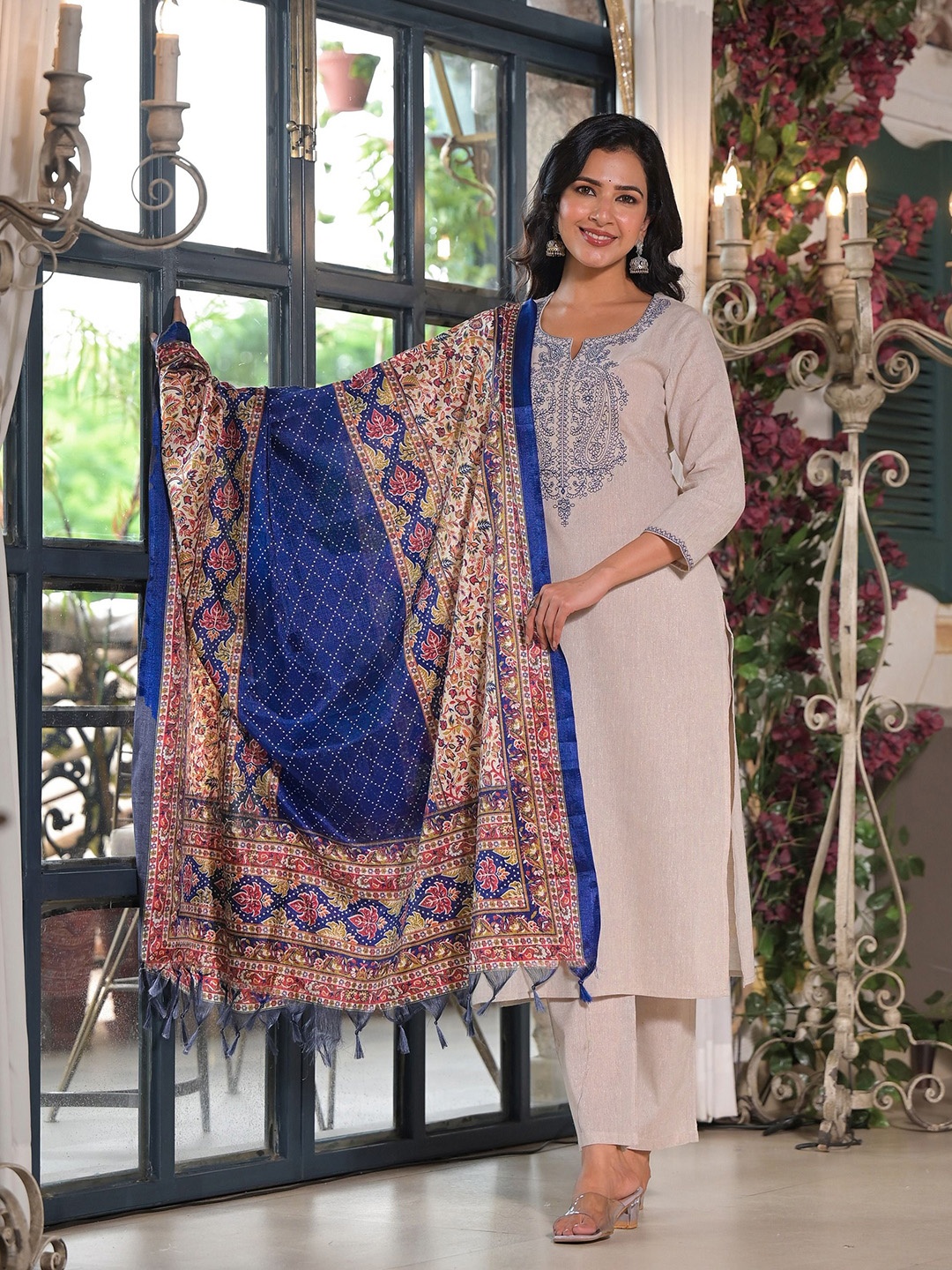 

The Hope Embroidered Pure Cotton Straight Kurta & Trouser With Dupatta, Beige