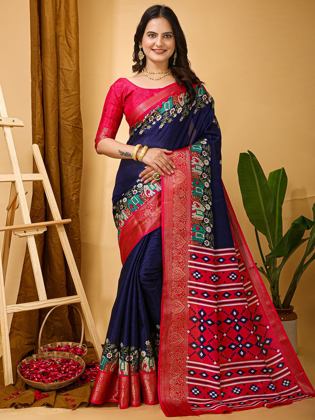 

V3 FASHION STUDIO Ethnic Motifs Zari Art Silk Saree, Blue