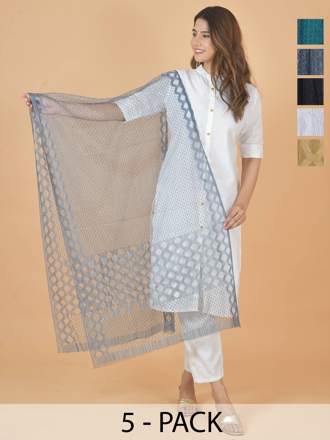 

LA FEMINAE Selection Of 5 Geometric Woven Design Dupatta, White