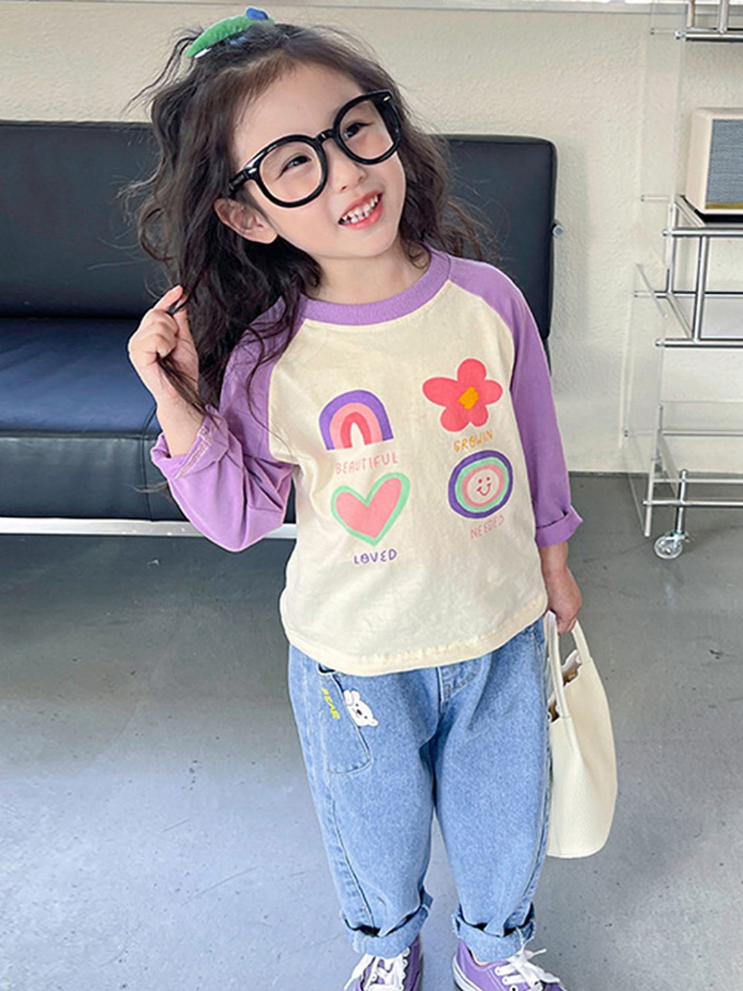 

LULU & SKY Girls Graphic Printed Round Neck Cotton T-shirt, Purple