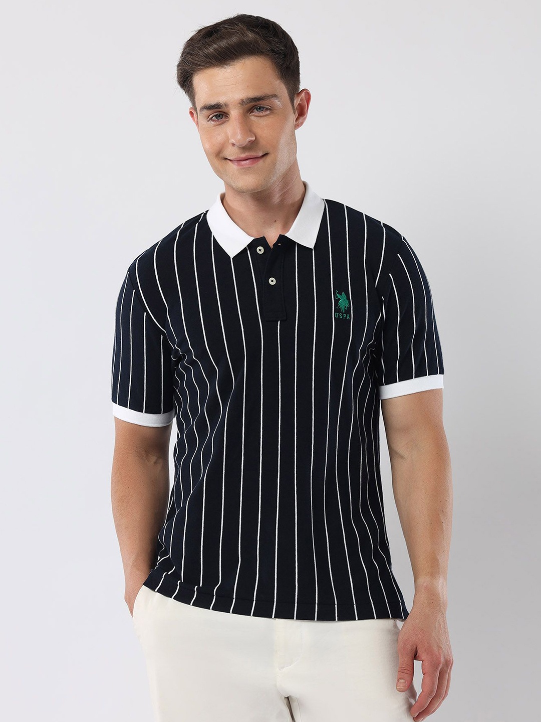 

U.S. Polo Assn. Men Striped Polo Collar Cotton Slim Fit T-shirt, Navy blue