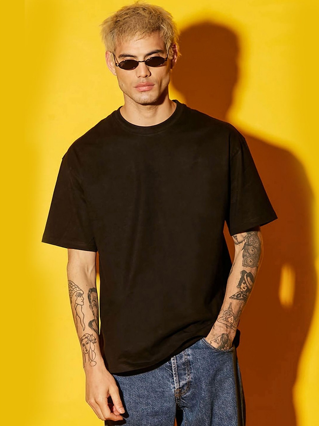 

BDSQUARE Men Drop-Shoulder Sleeves Pockets T-shirt, Black