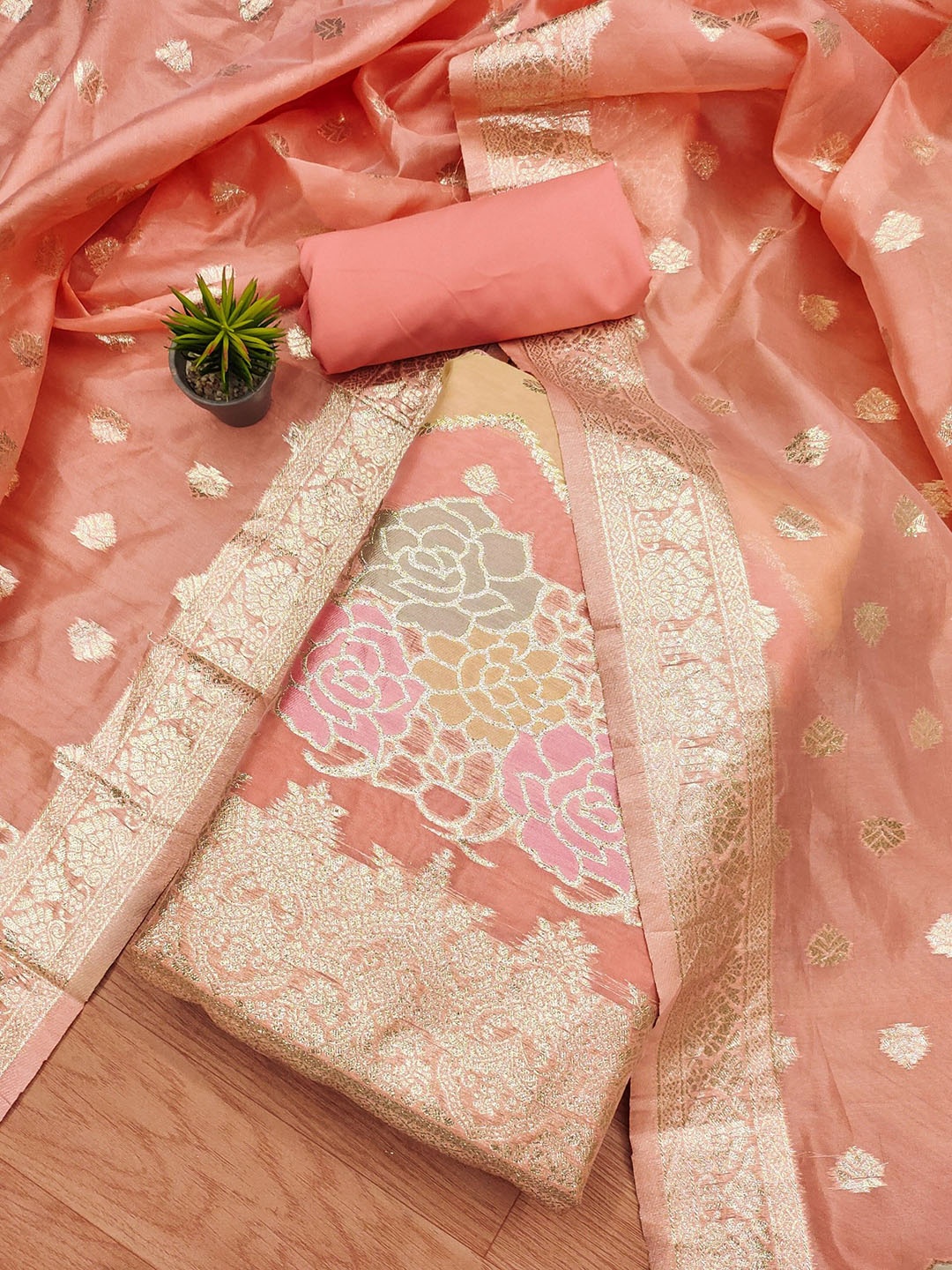 

Rangtulika Floral Woven Design Zari Organza Unstitched Dress Material, Peach
