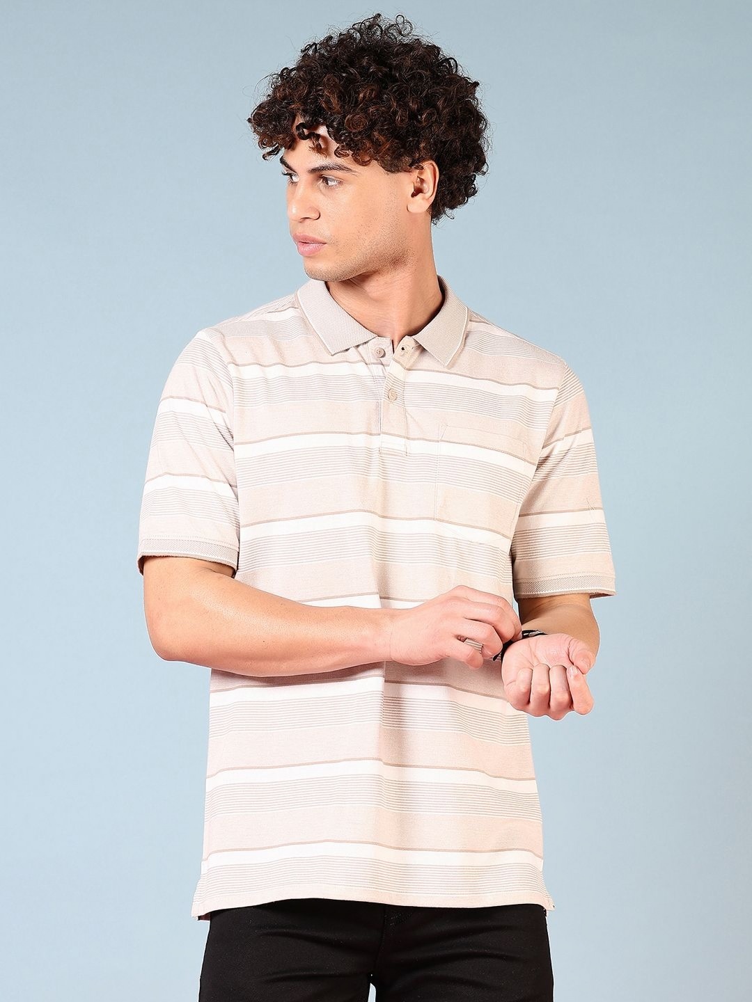 

V-Mart Men Striped Polo Collar Pockets T-shirt, Beige