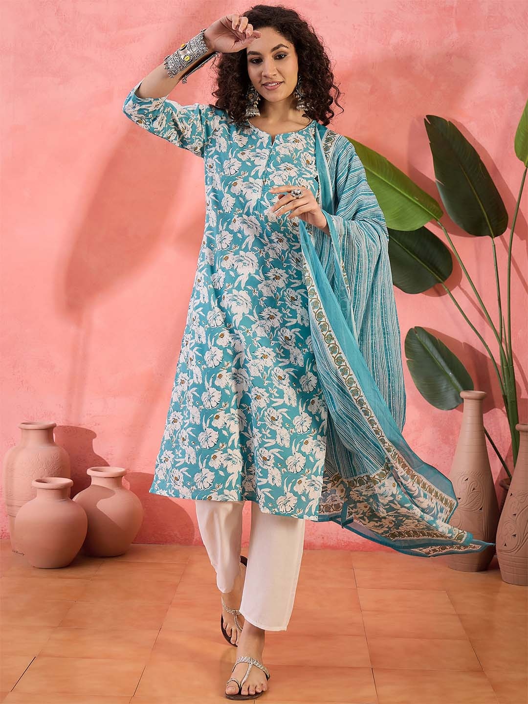 

Sangria Printed Pure Cotton Straight Kurta With Trousers & Dupatta Sets, Blue