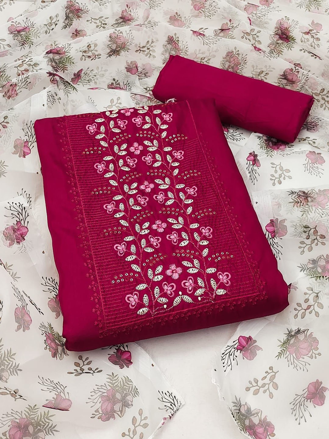 

Rangtulika Sequinned Embroidered Unstitched Silk Dress Material, Pink
