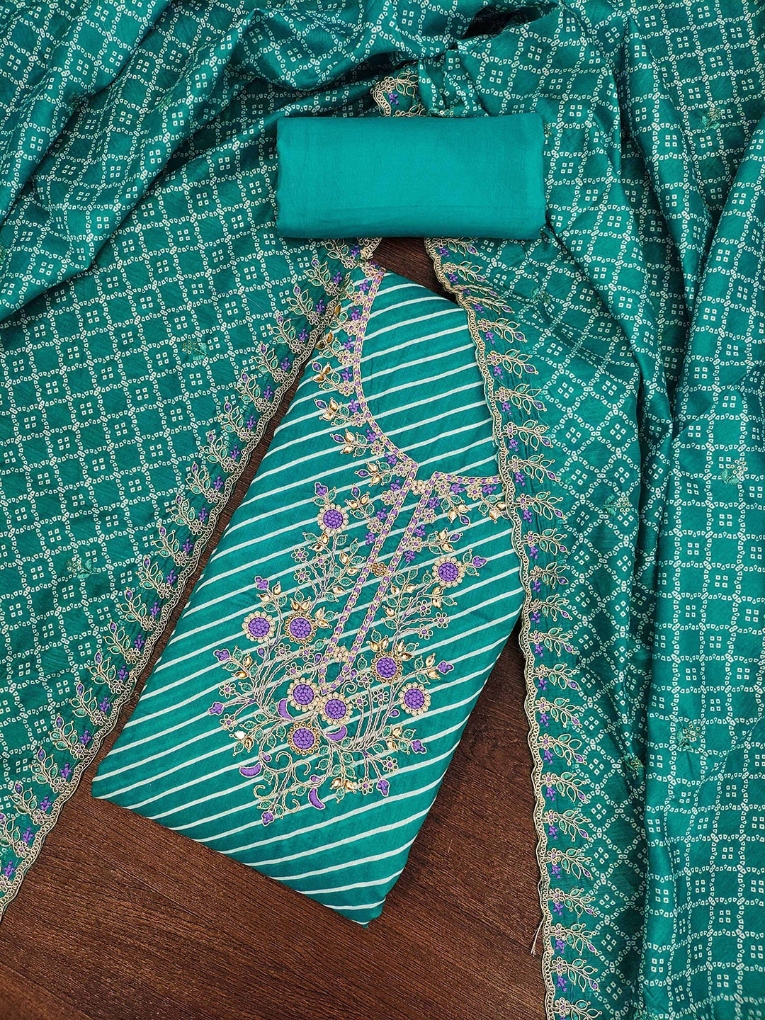 

SAINOOR Leheriya Printed Thread Work Unstitched Dress Material, Sea green