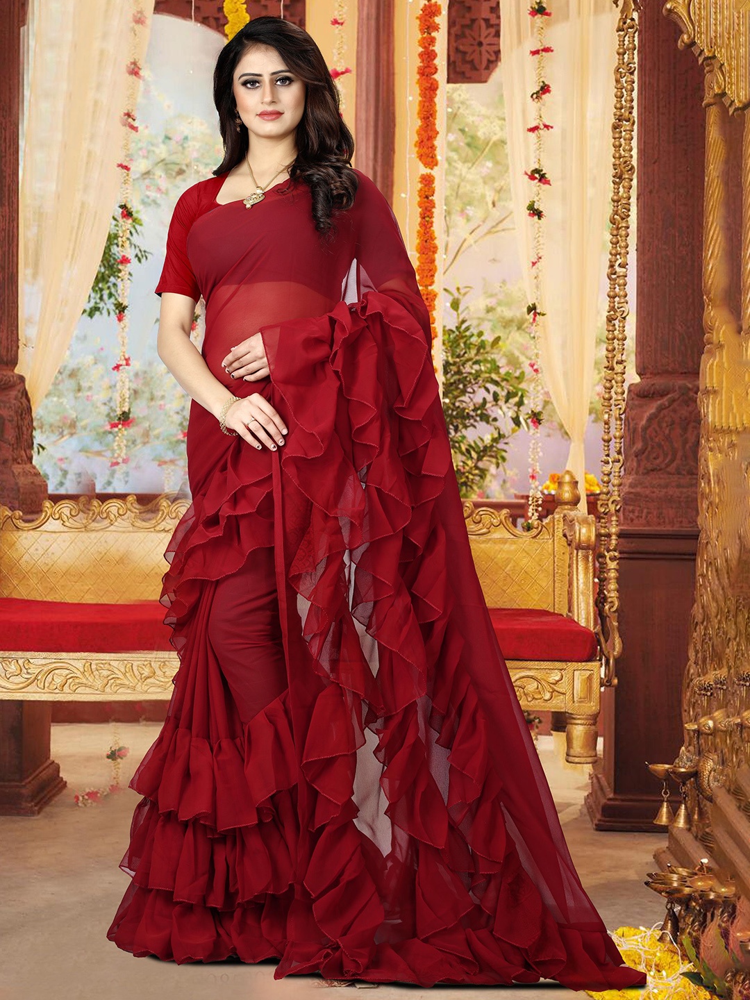 

SAREEFLAME Pure Georgette Saree, Maroon