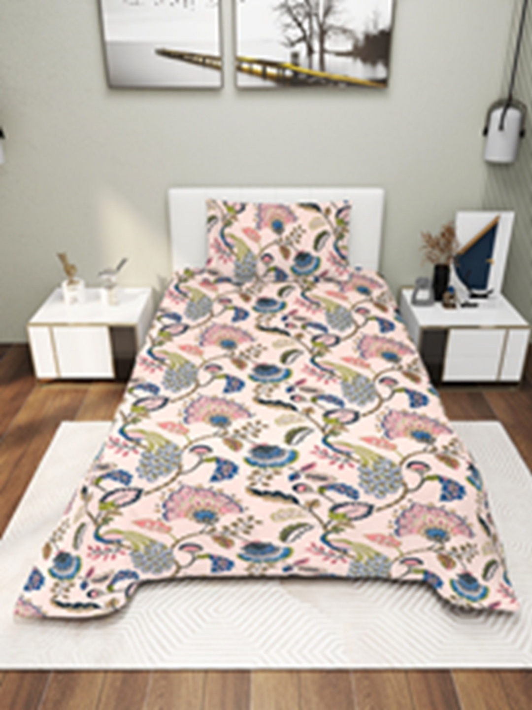 

EXFAB Pink And Blue Floral Printed Cotton 244 TC Single Bedsheet Set 1.5 m X 2.1 m