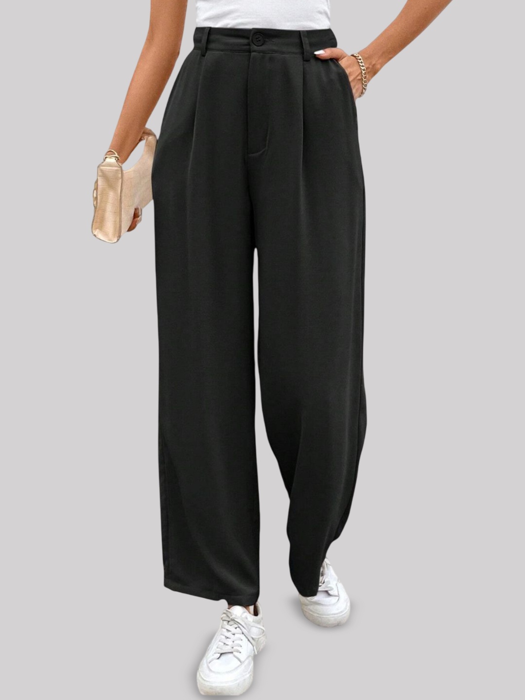 

FNOCKS Women Classic Skinny Fit High-Rise Pleated Trousers, Black