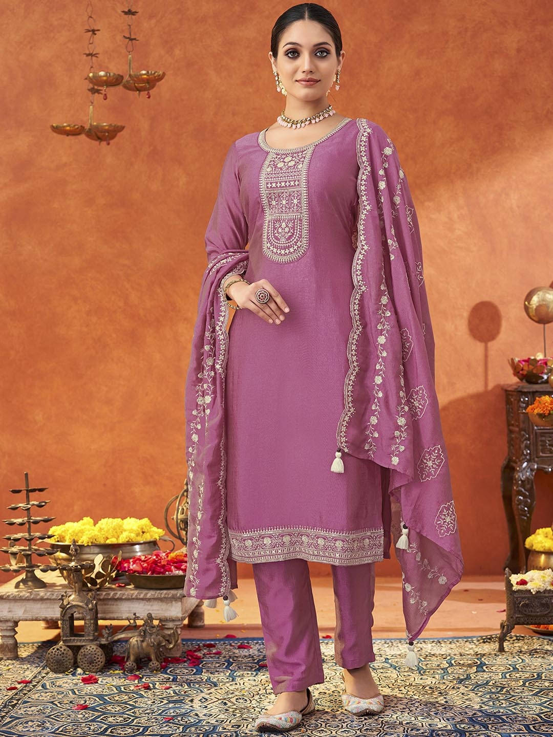 

Saanjh Pink Ethnic Motifs Embroidered Straight Kurta with Trousers & Dupatta
