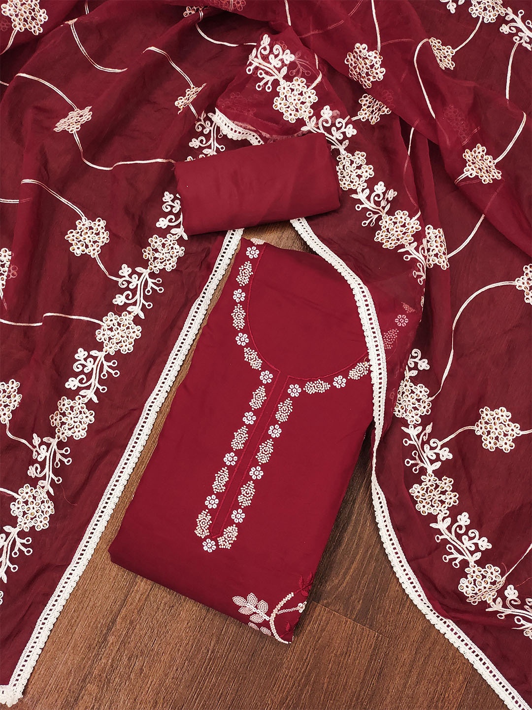 

SAINOOR Embroidered Pure Cotton Semi-Stitched Dress Material, Maroon