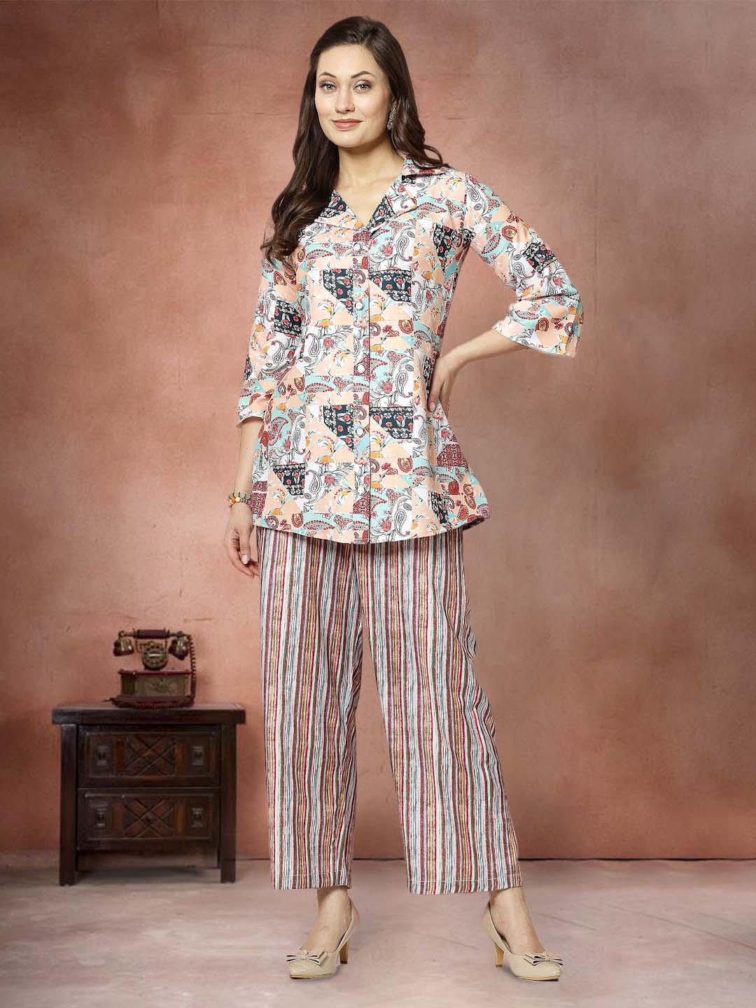 

Moda Rapido Paisley Printed Shirt Collar Neck Tunic With Trousers Co-Ords, Peach