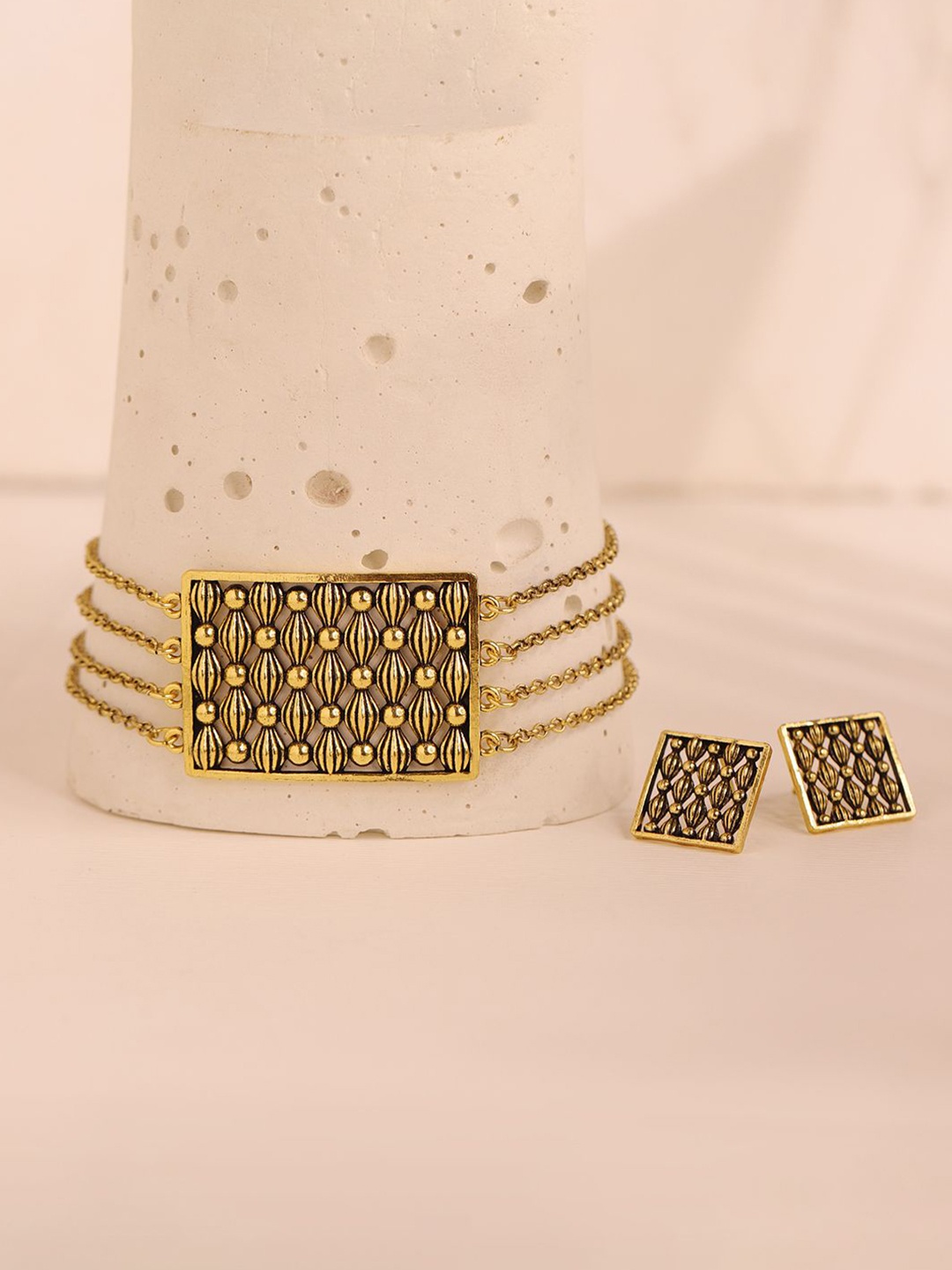 

Voylla Woven Wonder Swirled Collar Oxidised Necklace Set, Gold