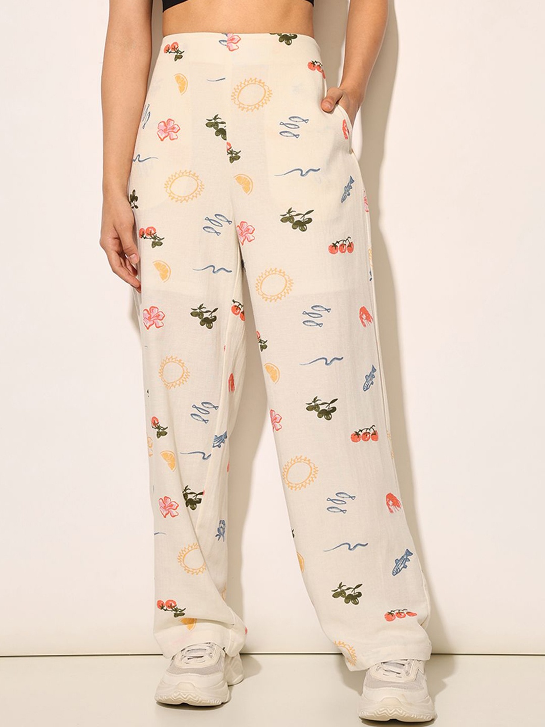 

ONLY Women Printed High-Rise Trousers, Beige