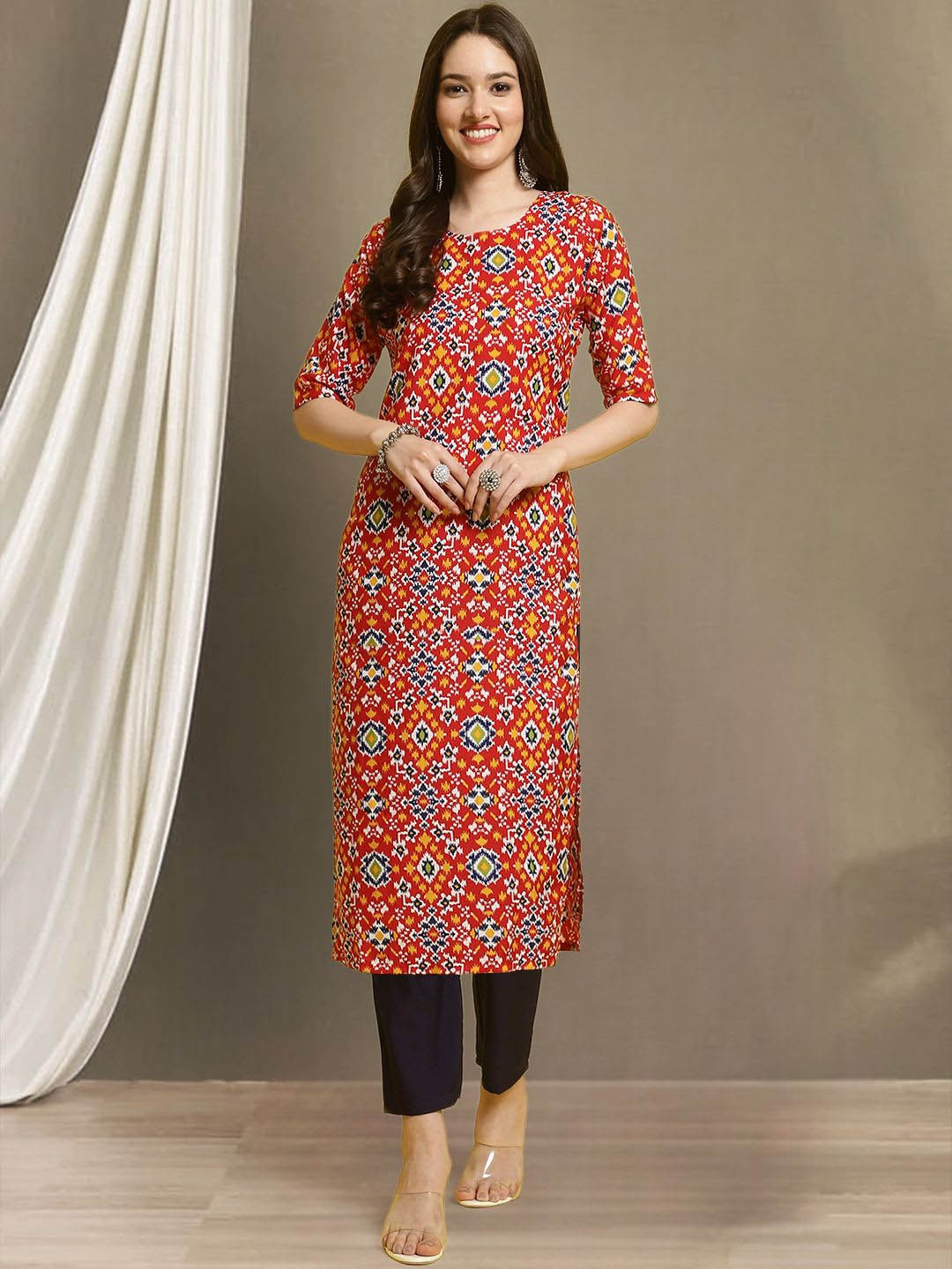 

Moda Rapido Red & White Ethnic Motifs Printed Straight Kurta with Trousers