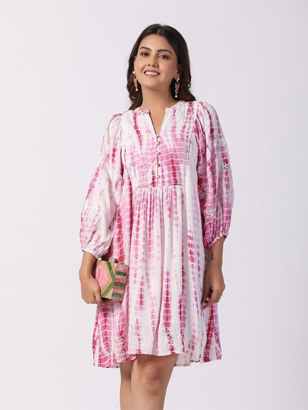 

STIL O STITCH Tie and Dye Print Puff Sleeve Satin A-Line Dress, Pink