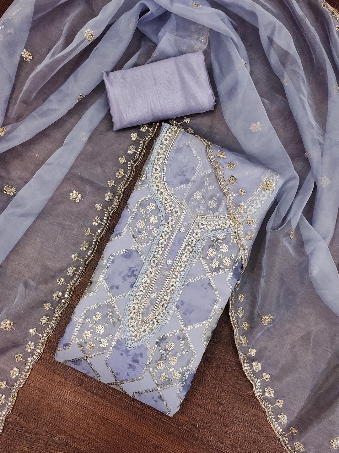 

SAINOOR Geometric Embroidered Beads and Stones Organza Semi-Stitched Dress Material, Lavender