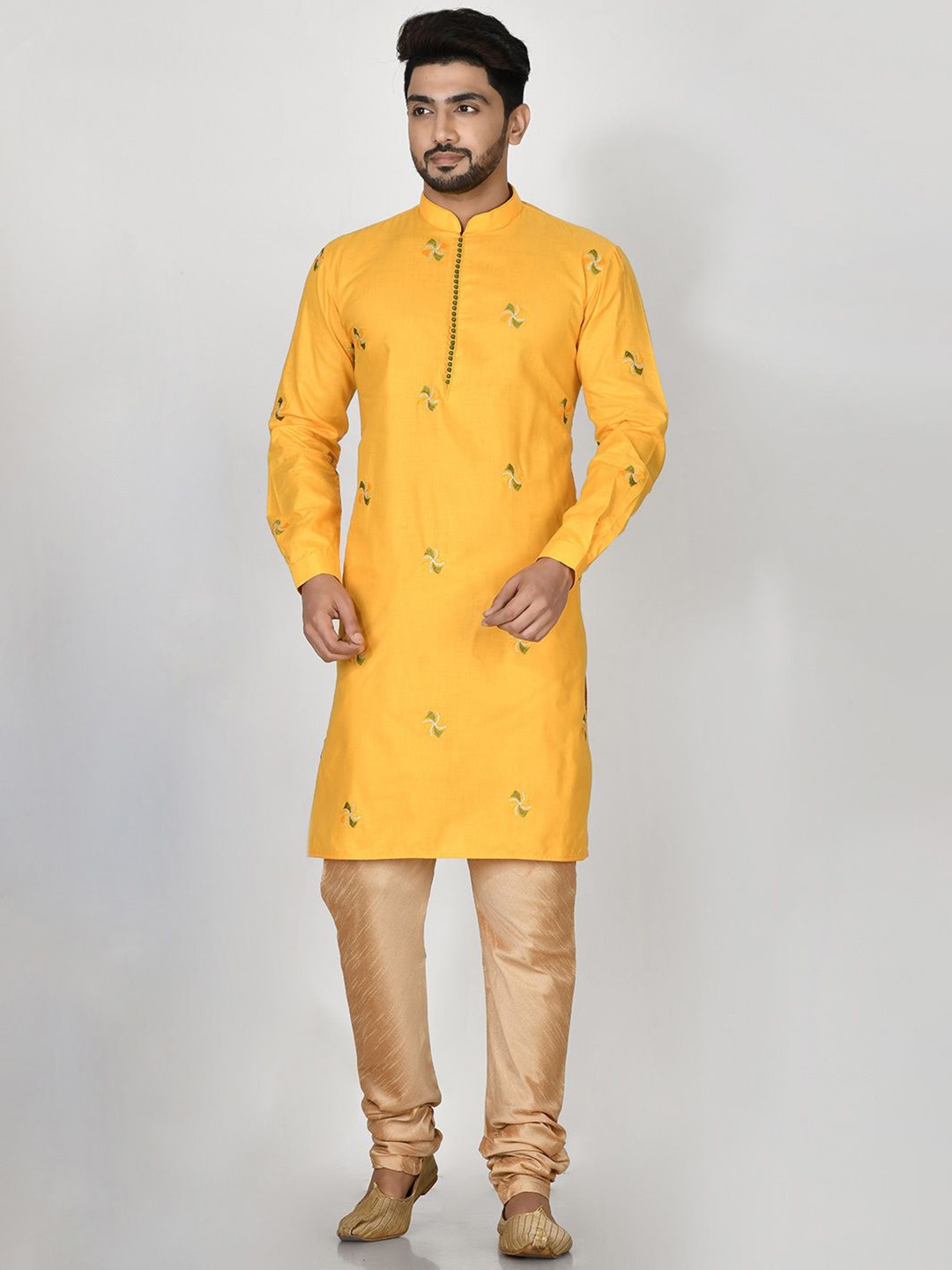 

RANAK Floral Embroidered Mandarin Collar Organic Cotton Straight Kurta, Yellow