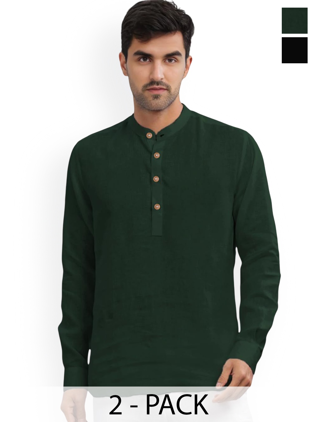 

univibe Selection Of 2 Mandarin Collar Pure Cotton Straight Kurtas, Green