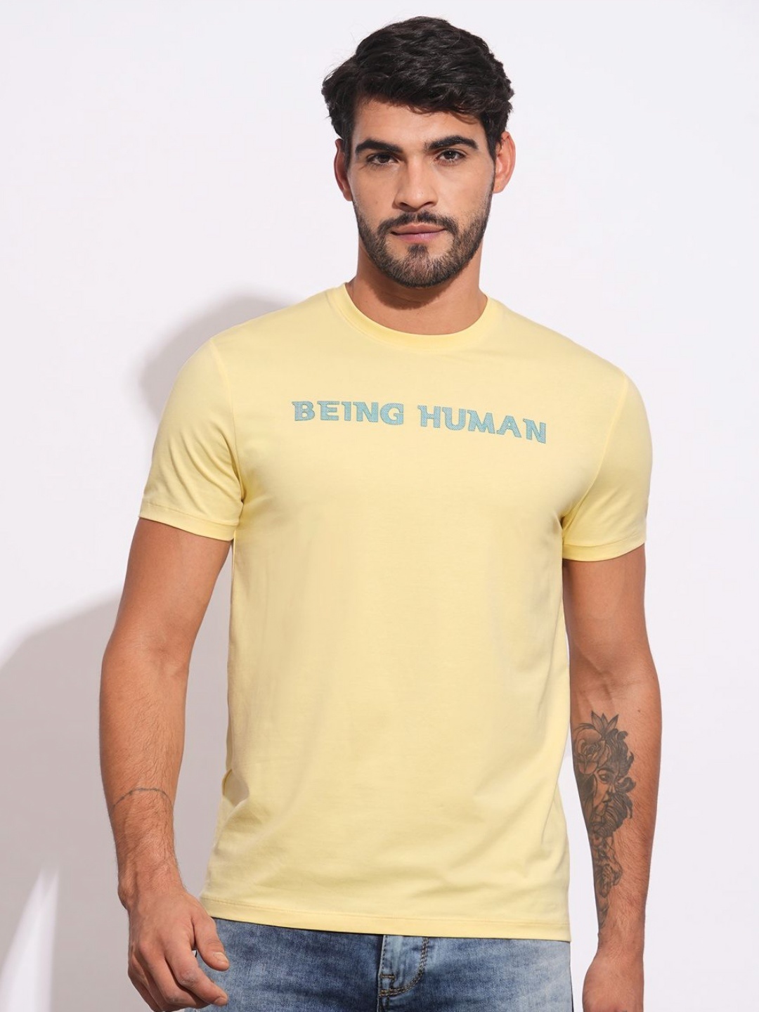 

Being Human Men Typography Printed Round Neck Cotton Slim Fit T-shirt, Yellow