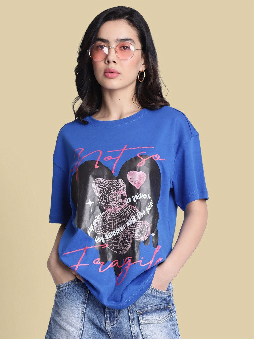 

Bene Kleed Women Printed Drop-Shoulder Sleeves T-shirt, Blue