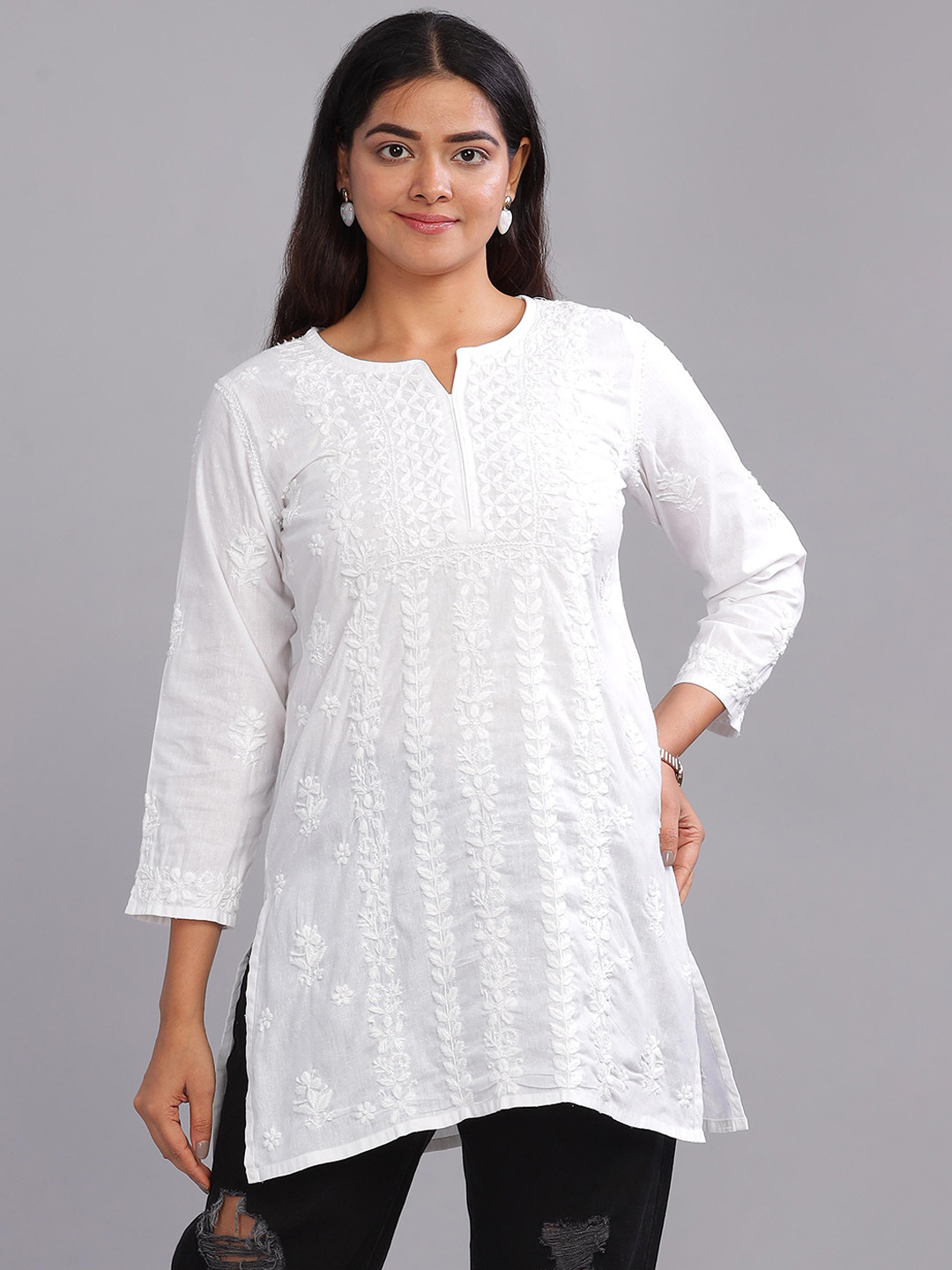 

Club Loom Floral Embroidered Notch Neck Chikankari Pure Cotton A-line Kurta, White