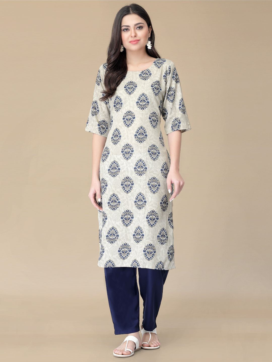 

Moda Rapido Floral Printed Round Neck Straight Kurta with Trousers, White