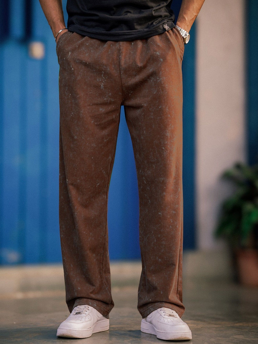 

Maniac Cotton Acid Wash Baggy Fit Mid Rise Trousers, Brown