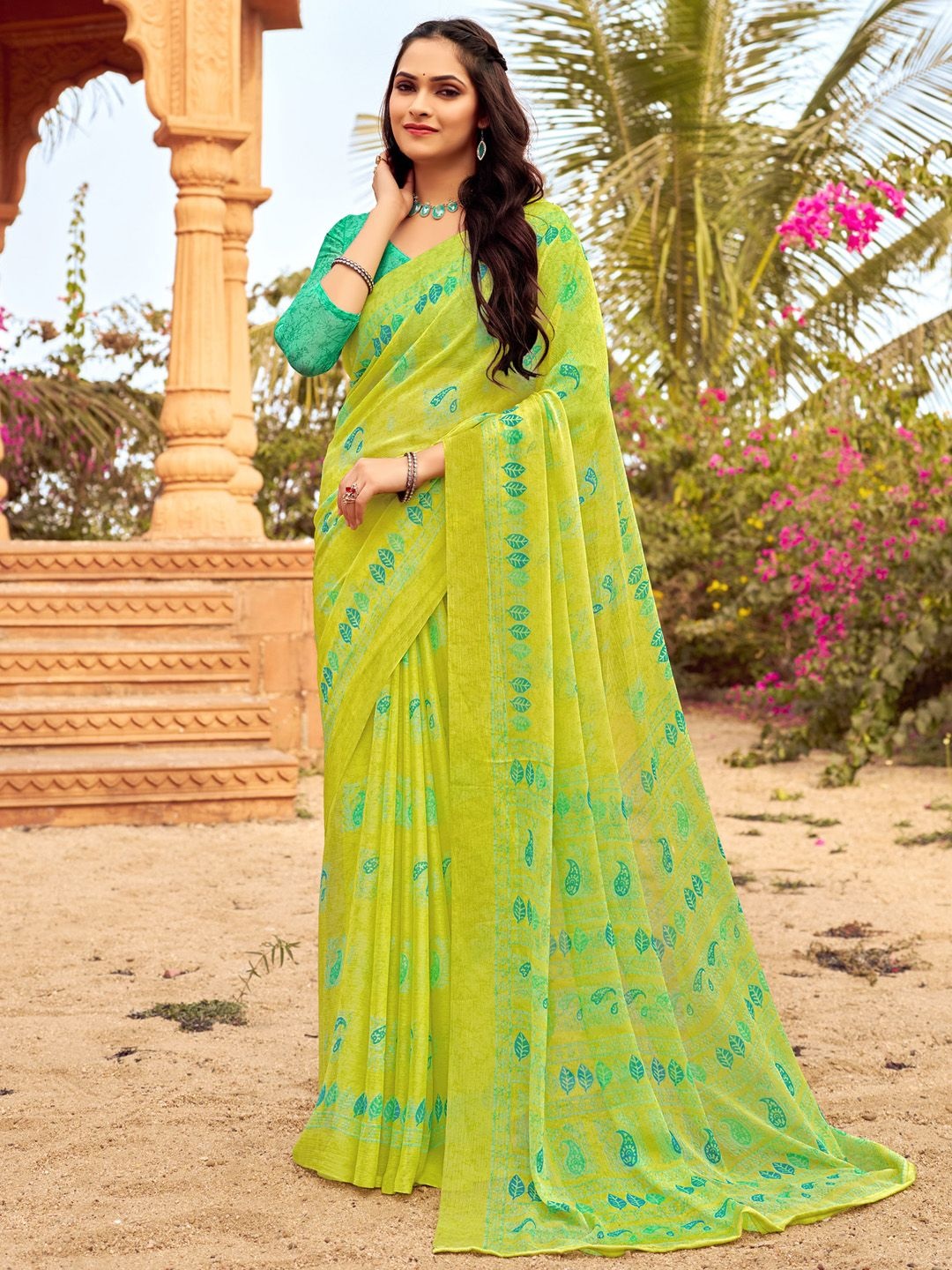 

Mitera Floral Poly Chiffon Bagh Saree, Green