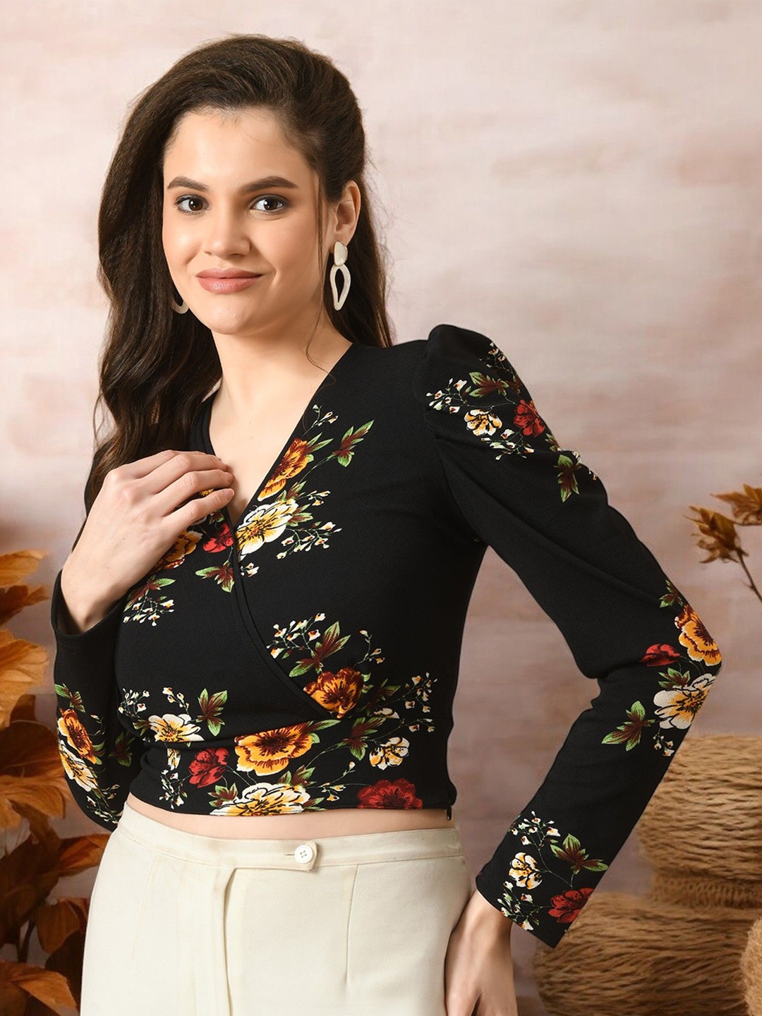 

Arbiter Collection Floral Print Wrap Crop Top, Multi