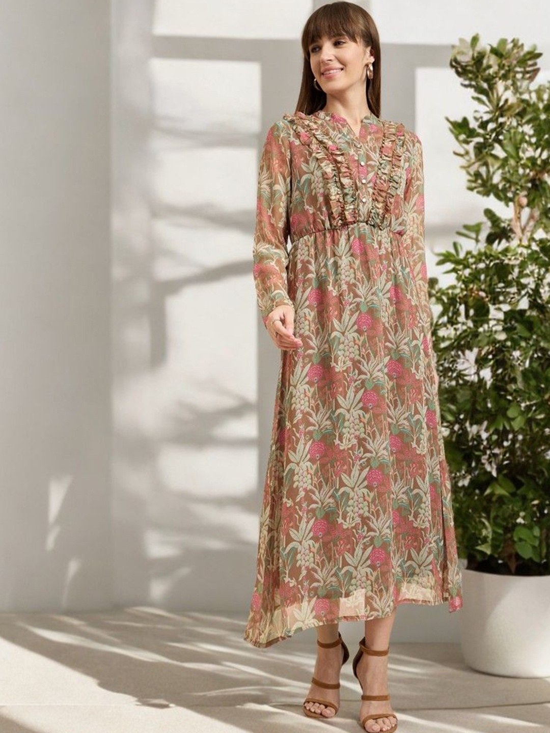 

DressBerry Floral Print Cowl Neck Ruffled Maxi Dress, Green