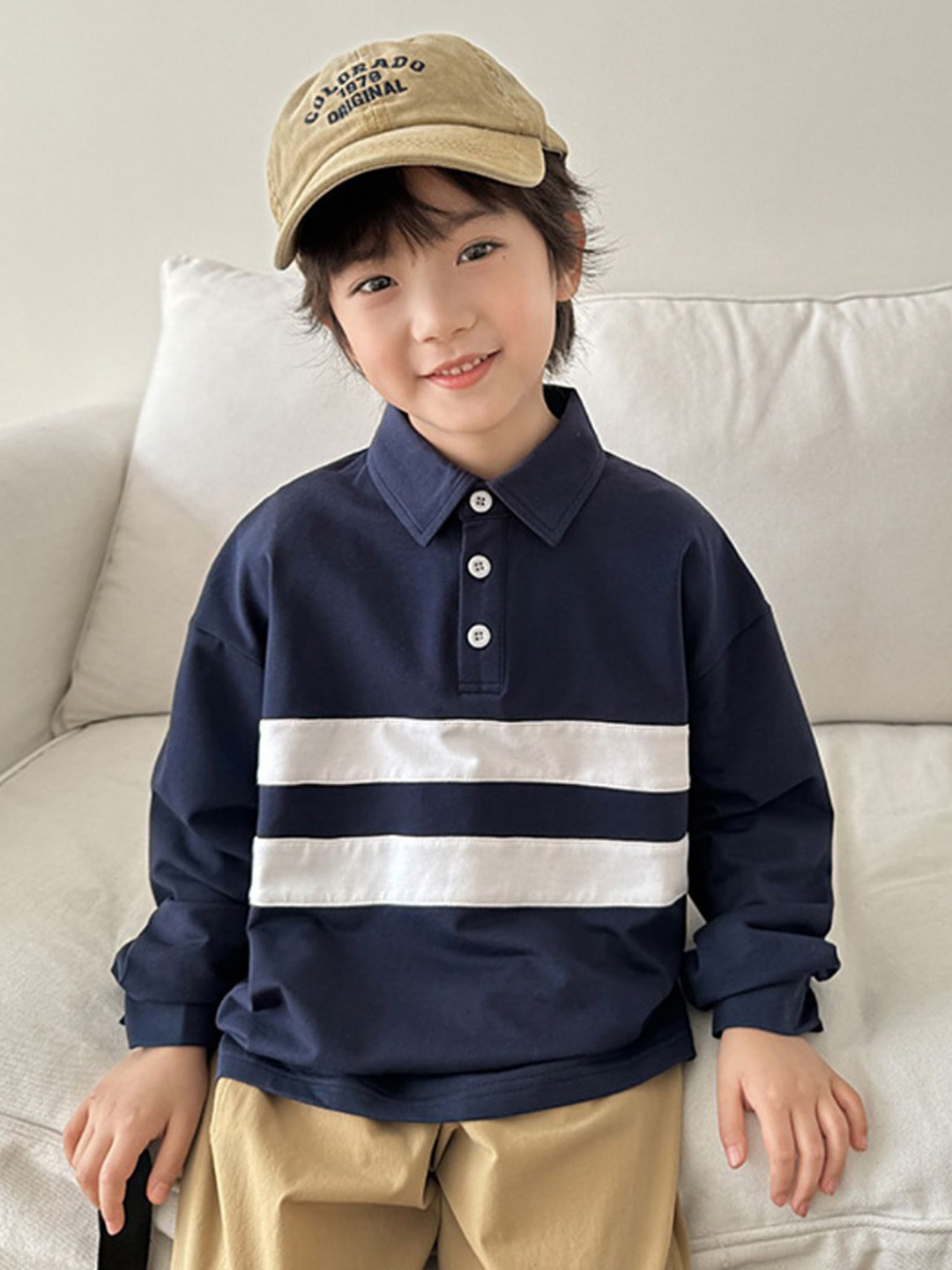 

LULU & SKY Boys Striped Polo Collar Cotton Relaxed Fit T-shirt, Navy blue