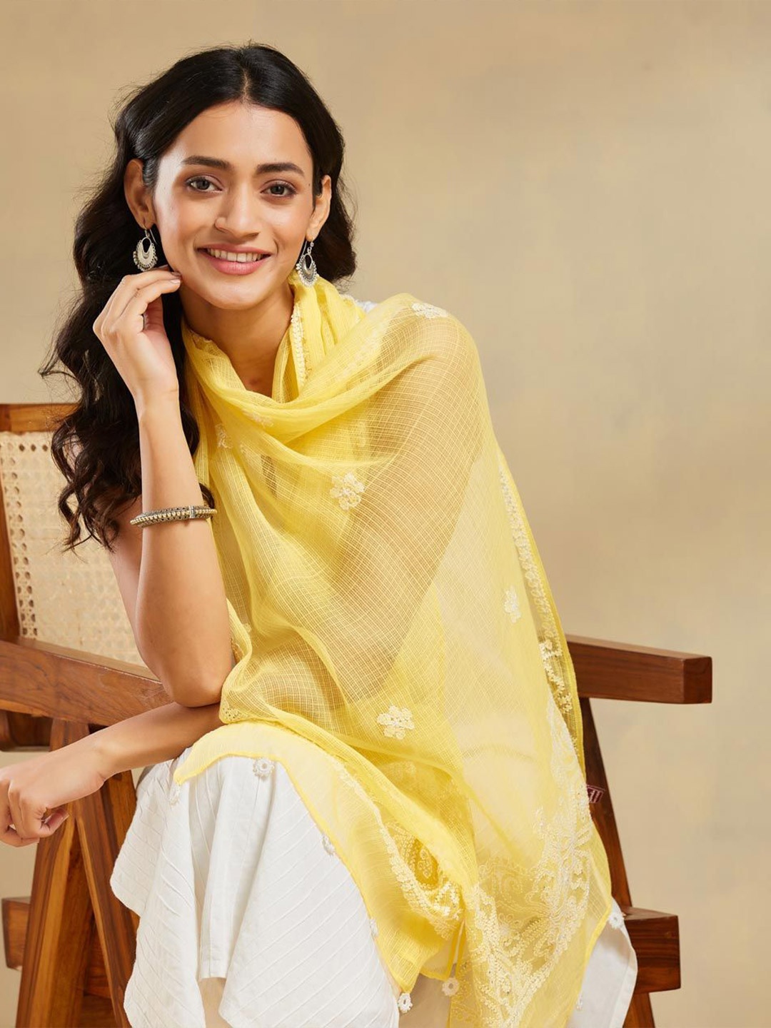 

Fabindia Women Embroidered Stole, Yellow