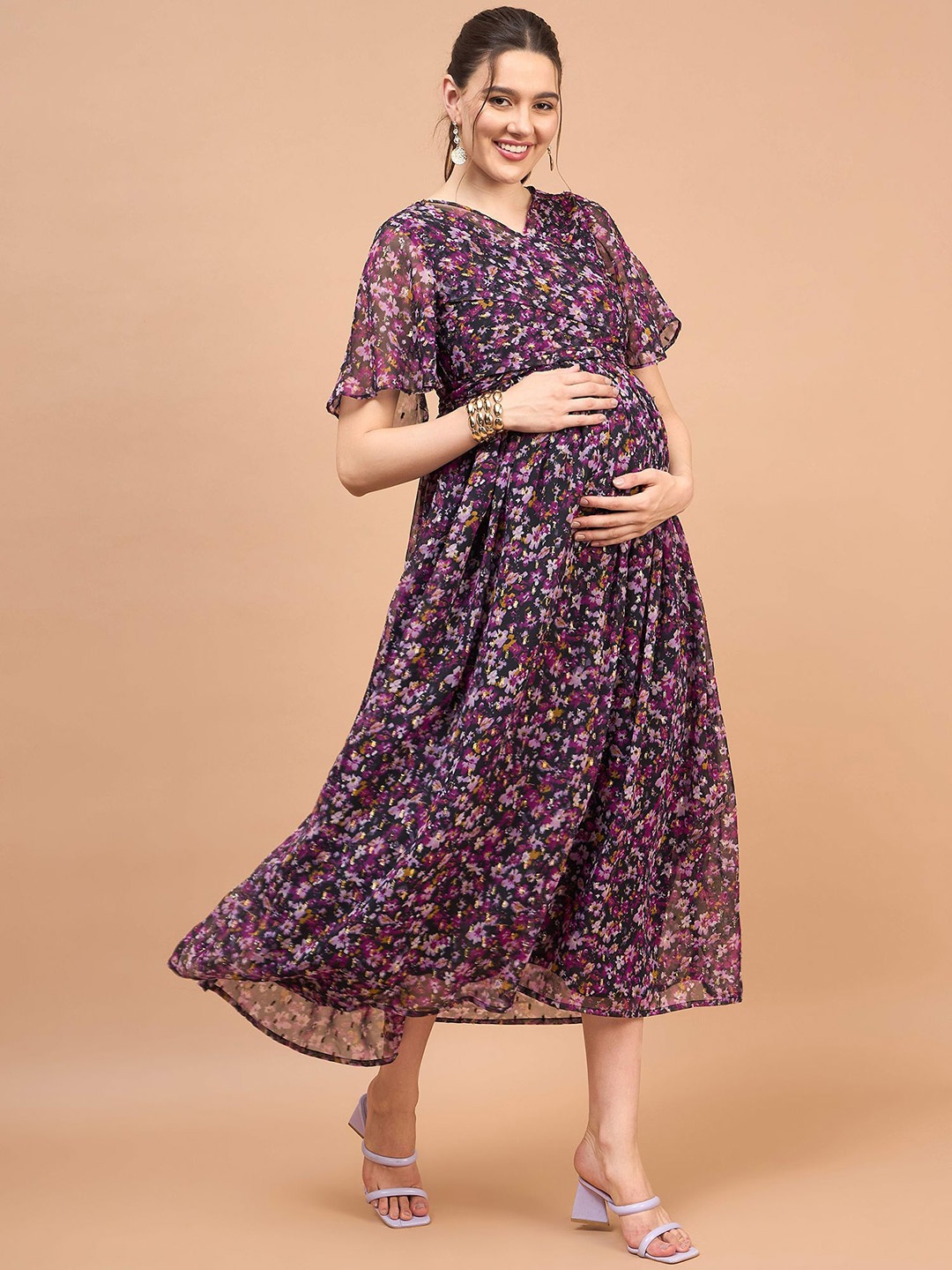 

Shades of Sabi Floral Print Georgette Fit & Flare Maxi Maternity Dress, Black