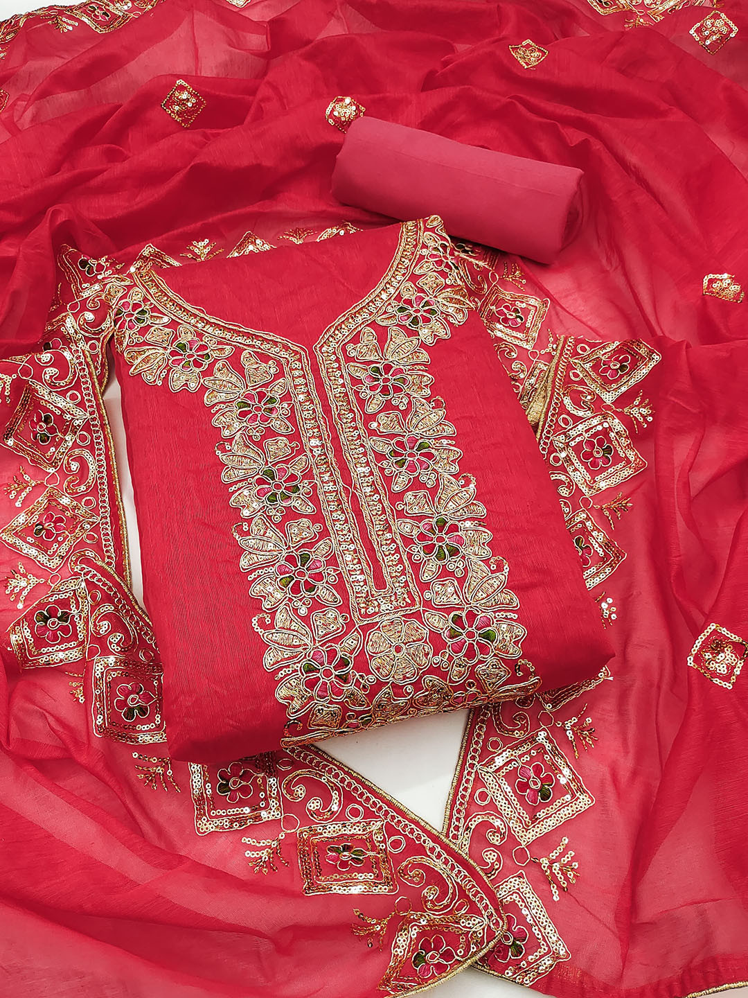 

Rangtulika Embroidered Sequinned Unstitched Dress Material, Red