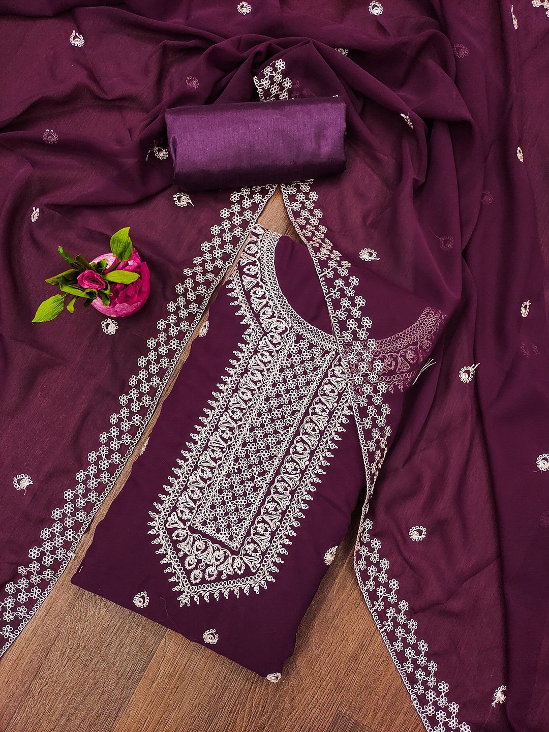 

Rangtulika Floral Embroidered Georgette Unstitched Dress Material, Purple