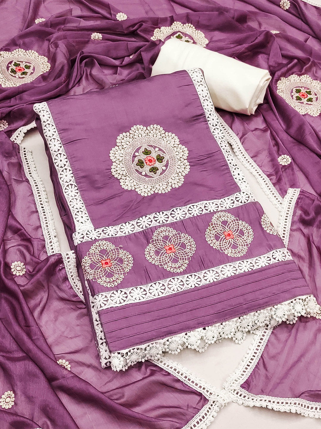 

SAINOOR Embroidered Pure Silk Semi-Stitched Dress Material, Purple