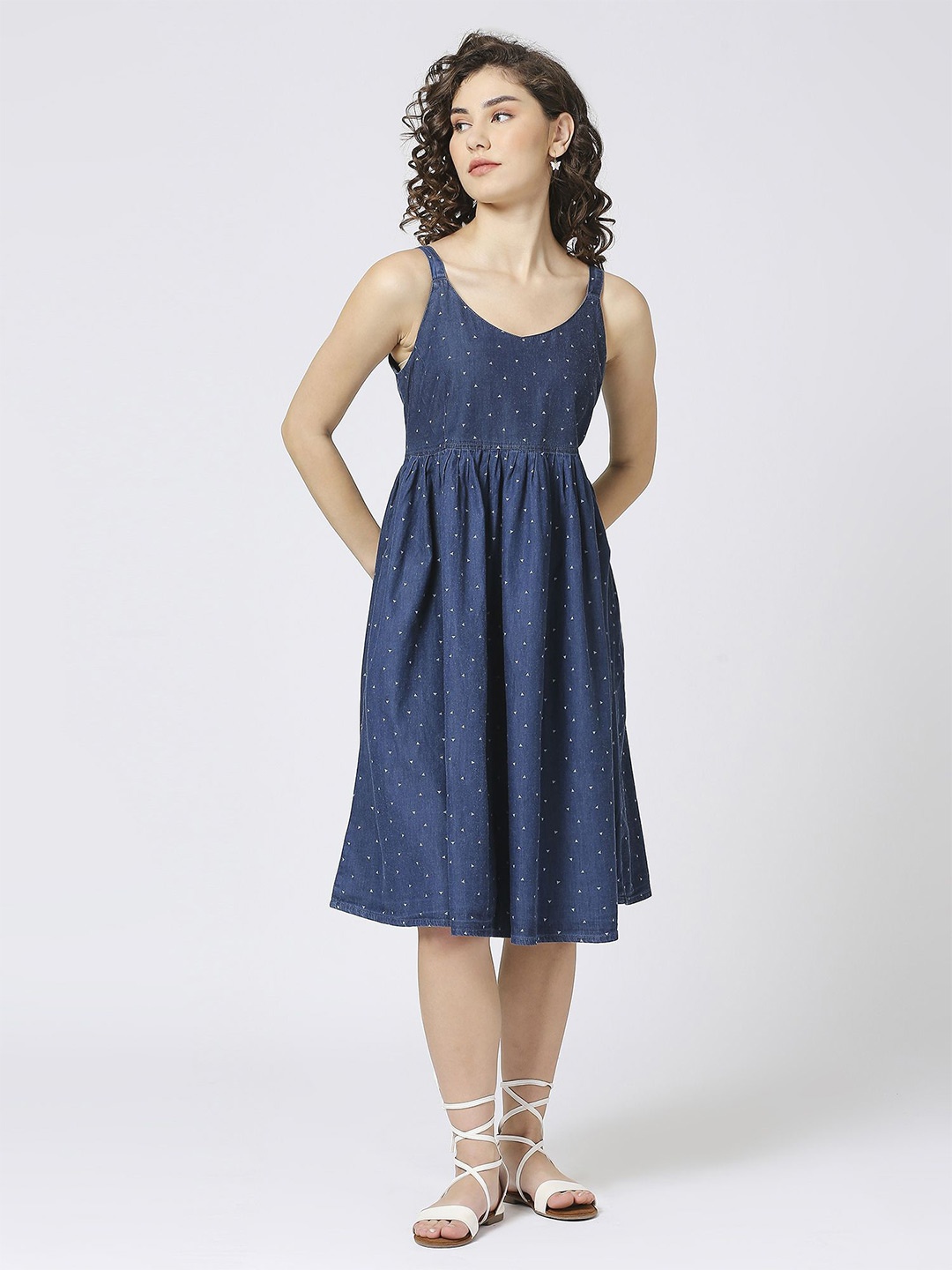 

CEFALU Polka Dot Print Denim Fit & Flare Midi Dress, Blue