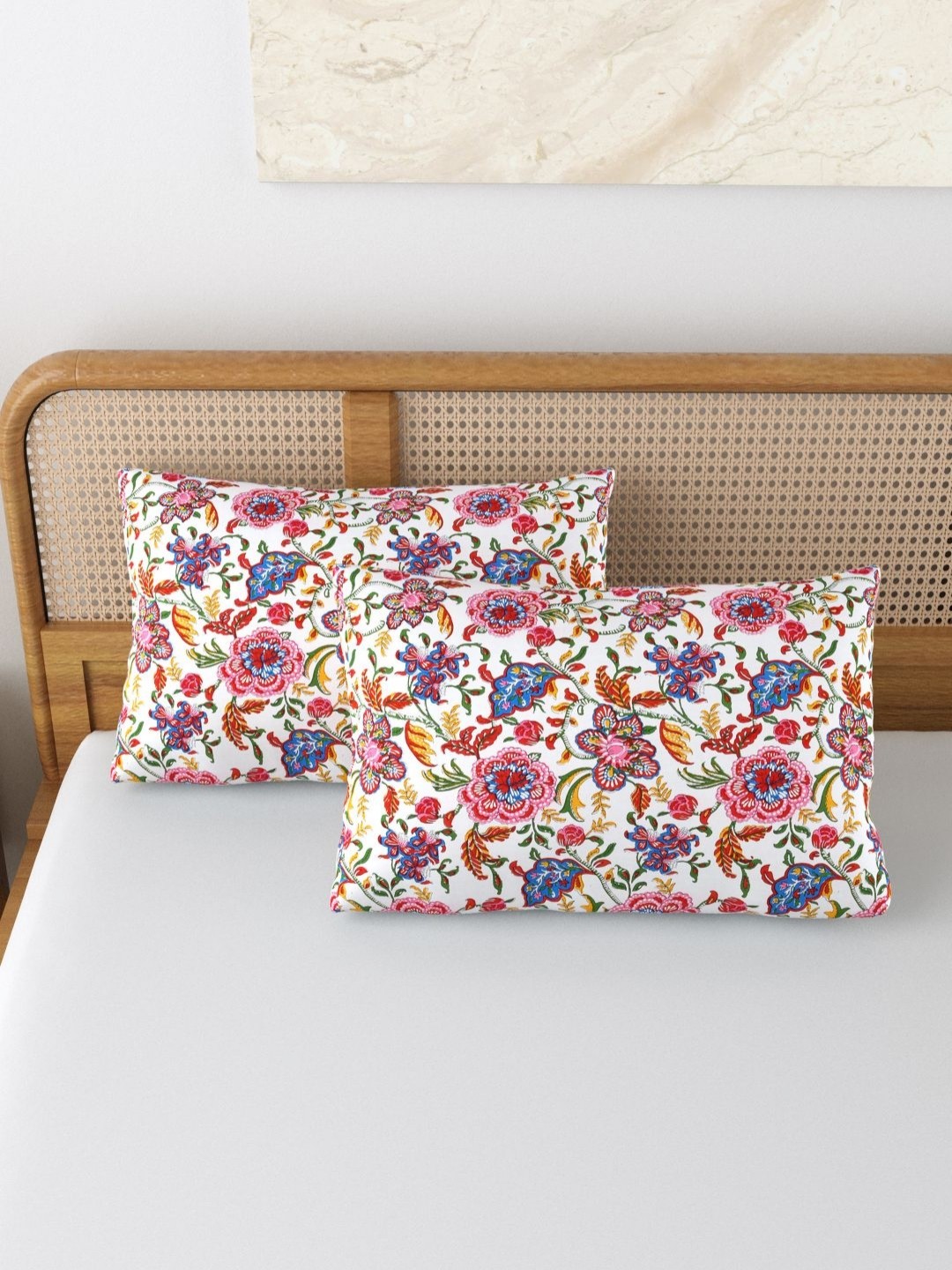 

BLOCKS OF INDIA White & Pink 2 Pieces Printed Pure Cotton Rectangle Pillow Covers