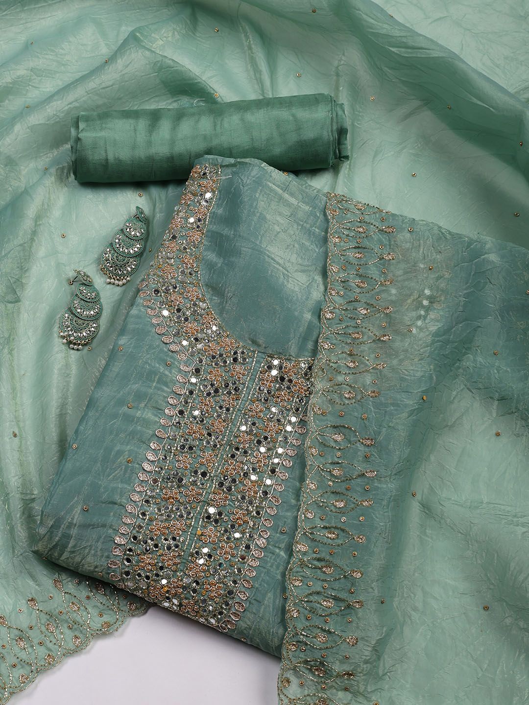 

Meena Bazaar Embellished Unstitched Dress Material, Green