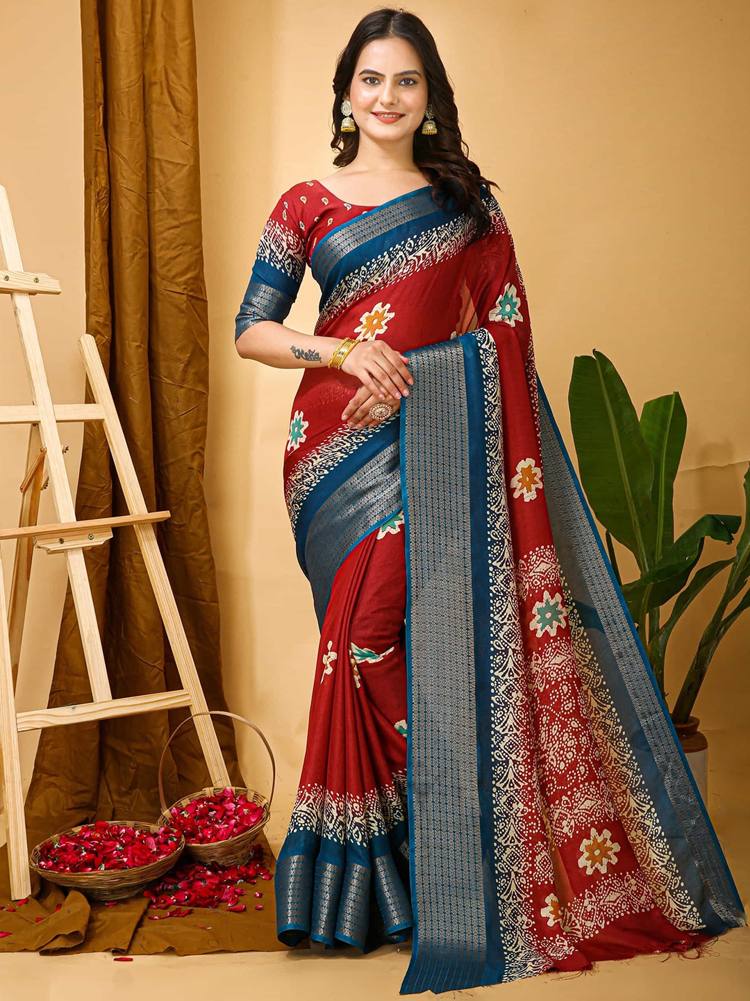 

V3 FASHION STUDIO Ethnic Motifs Zari Art Silk Saree, Red