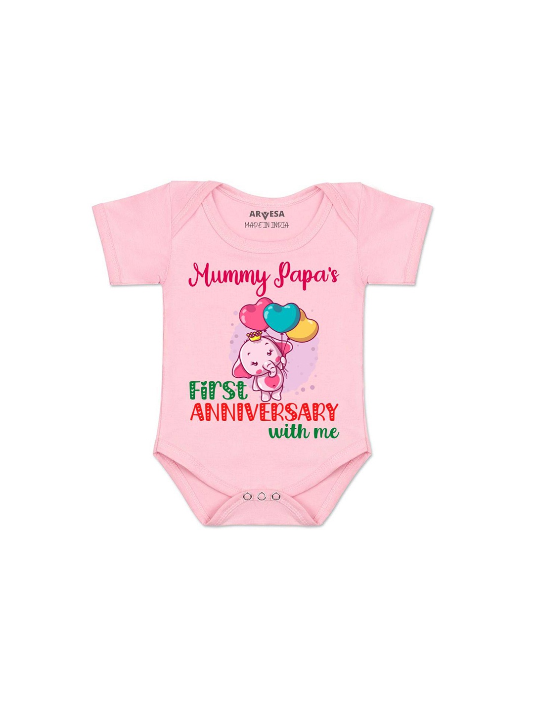 

Arvesa Kids Mummy Papa First Anniversary With Me Printed Round Neck Short Sleeves Romper, Pink